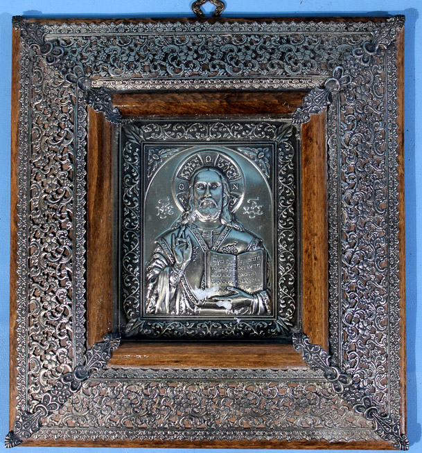 006b - Pair of Greek religious icons framed with sterling-silver overlay, 9.5 x 9